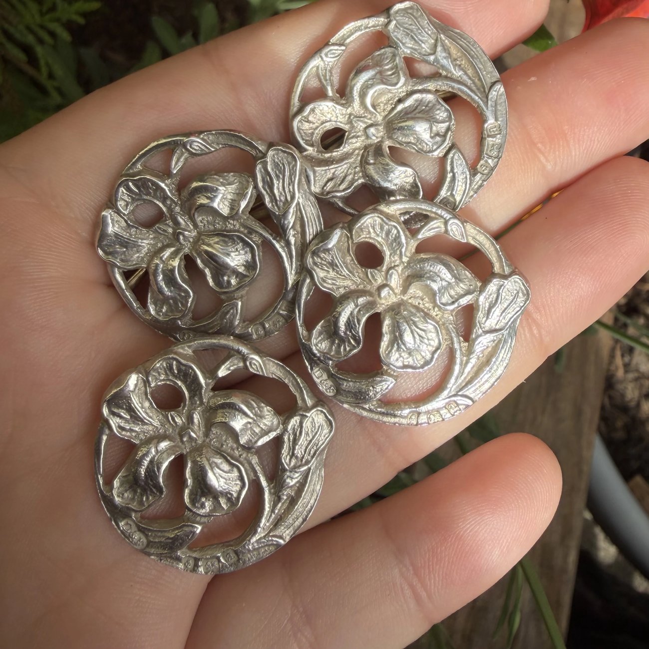 Antique Art Nouveau Sterling Silver Buttons 1900 Iris Flower Deakin Francis x4 - 2