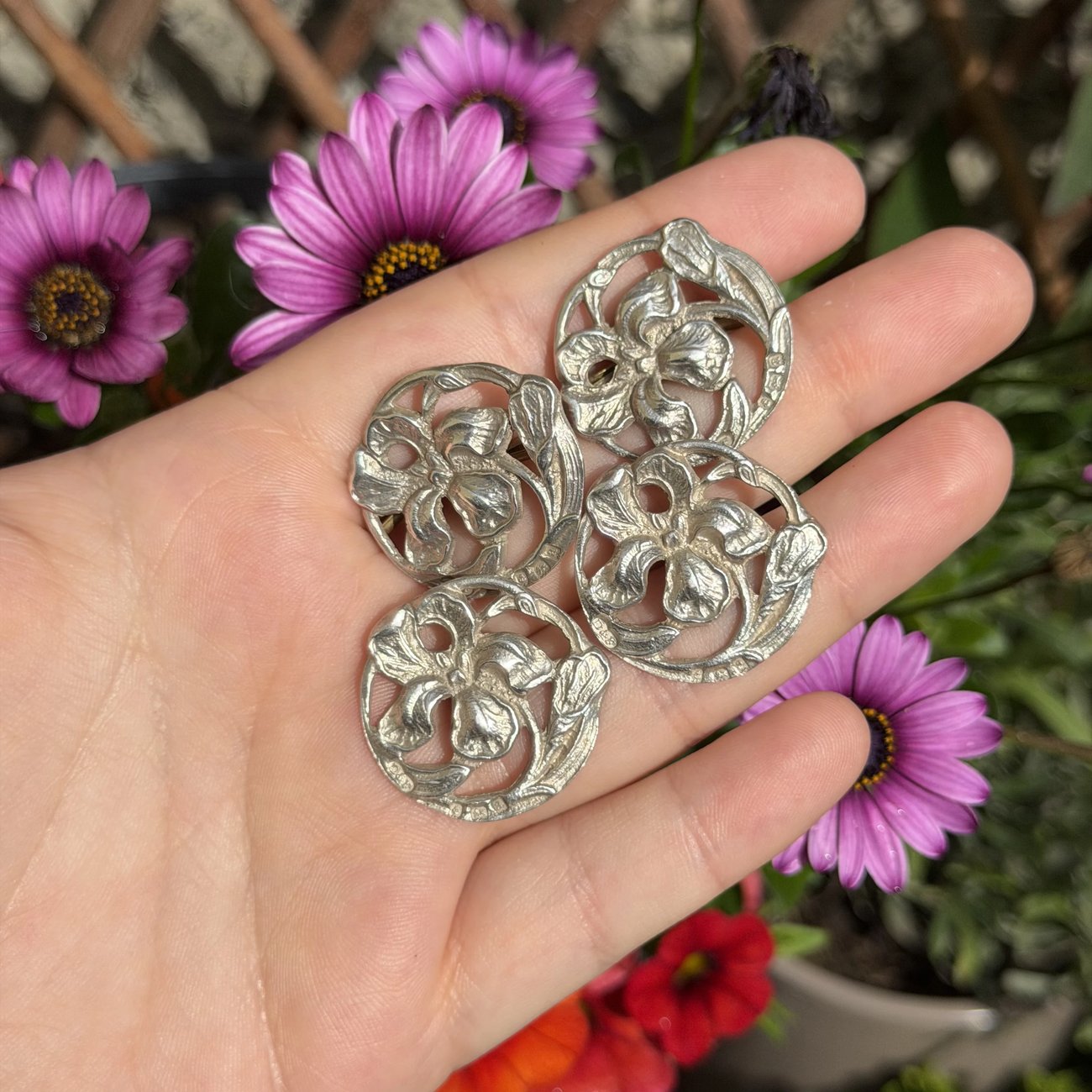 Antique Art Nouveau Sterling Silver Buttons 1900 Iris Flower Deakin Francis x4