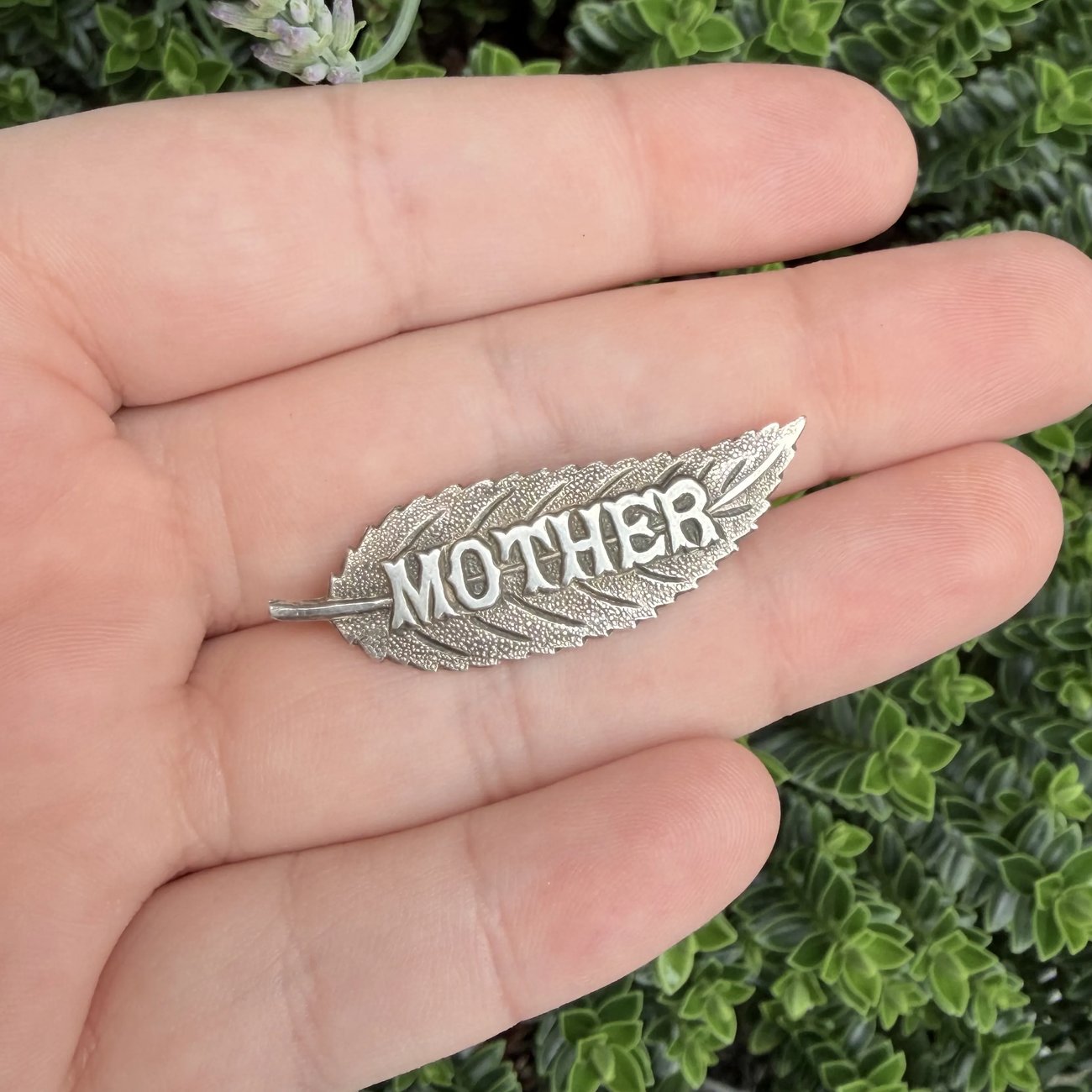 Antique Silver Mother Leaf Brooch Etched Pin Edwardian - 2