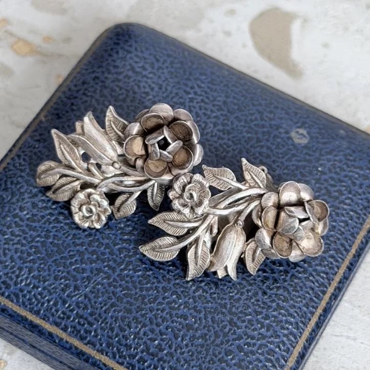 Vintage Silver Rose Floral Clip On Earrings Bouquet Statement Dimensional Pair