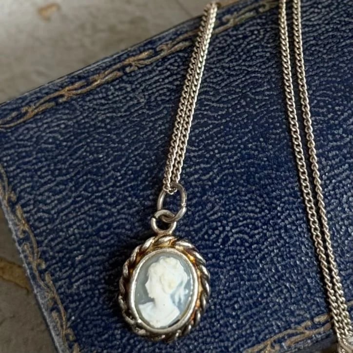 Vintage Silver Cameo Pendant Necklace Blue Wedgwood Lady Rope Twist Oval Chain