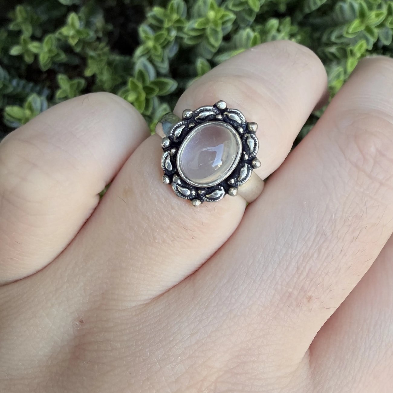 Silver Ornate Rose Quartz Oval Cabochon Ring