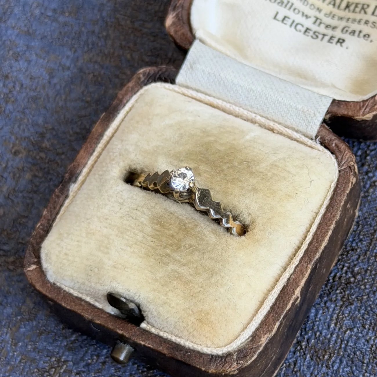 Vintage Silver Solitaire Ring Clear Stone Zigzag Band Gold Plated