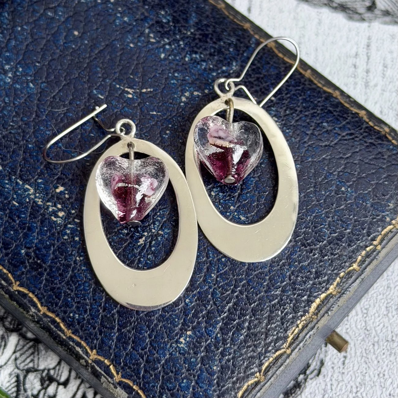 Vintage Sterling Silver Purple Glass Heart Earrings Oval Hoop Drop Murano Style