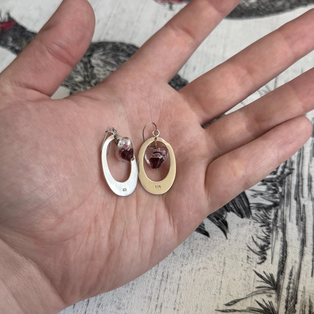 Vintage Sterling Silver Purple Glass Heart Earrings Oval Hoop Drop Murano Style - 2