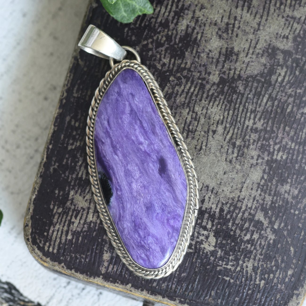 Vintage Sterling Silver Charoite Pendant, Large Purple Cabochon Statement Southwestern