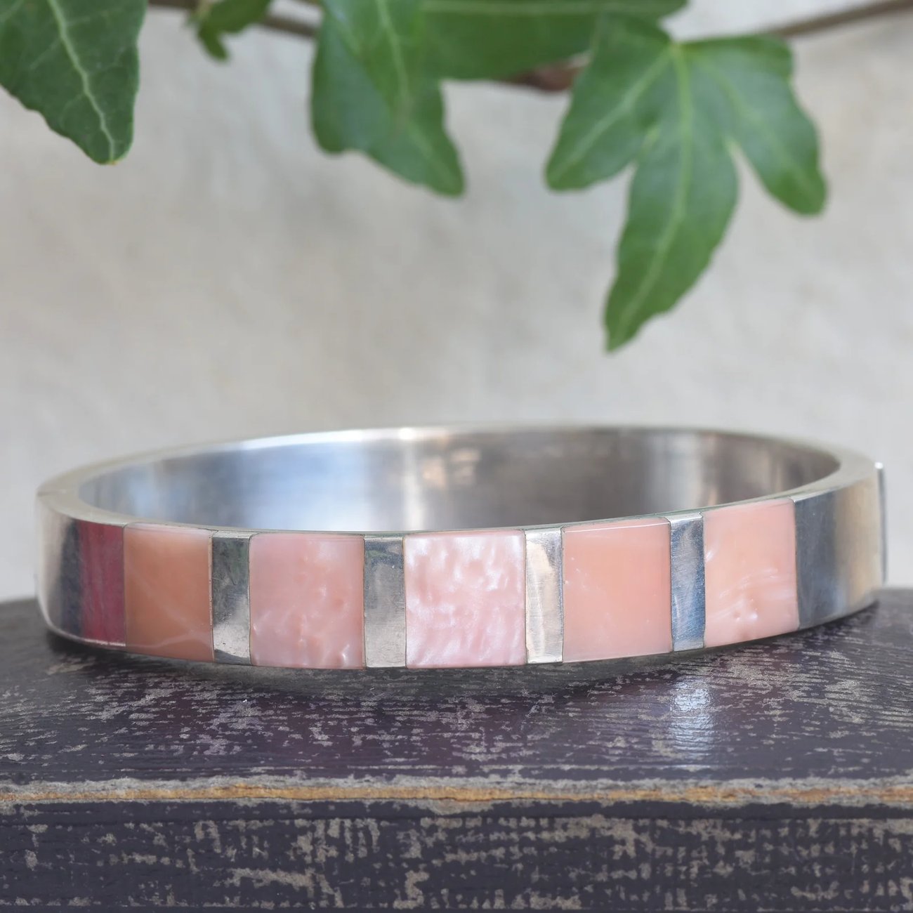Pink Mother of Pearl Bangle Sterling Silver Panel Inlay Bracelet Modernist Shell