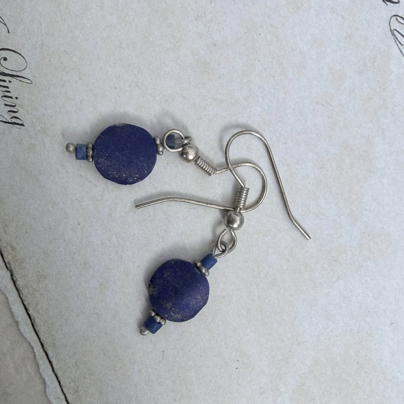 Lapis Lazuli Bead Drop Earrings Silver Beads Blue Disc Boho Dangle Small - 2