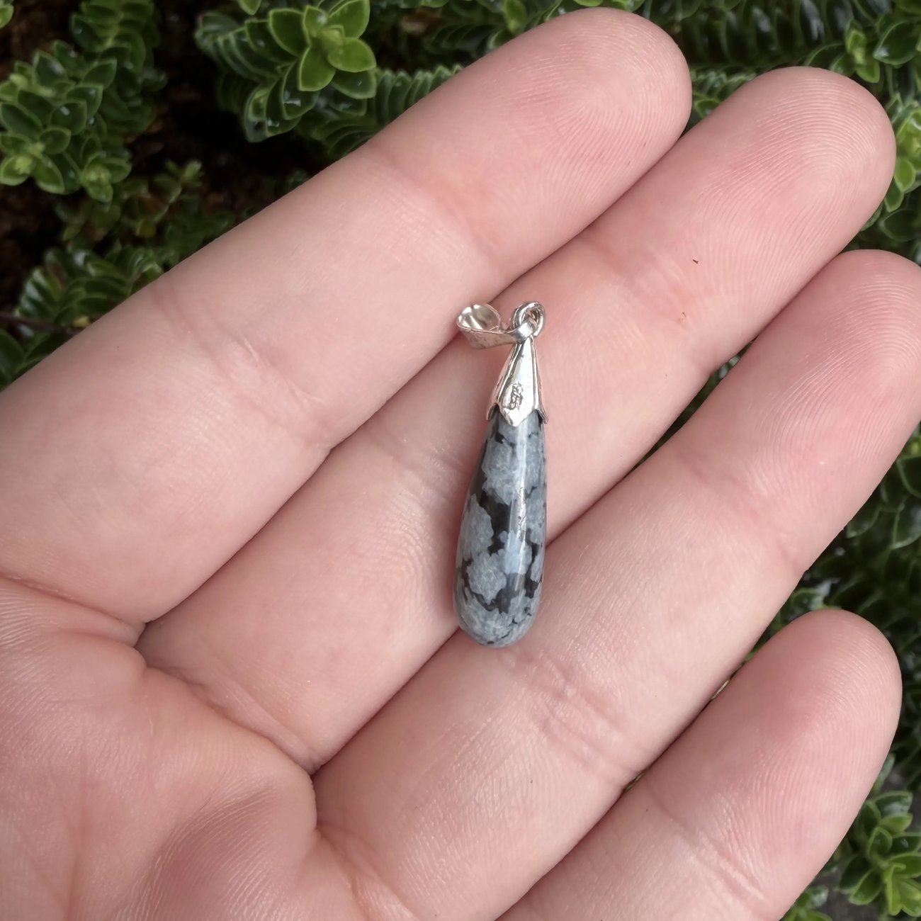 Snowflake Obsidian Pendant Sterling Silver Teardrop Drop Black Grey Boho Gothic - 2