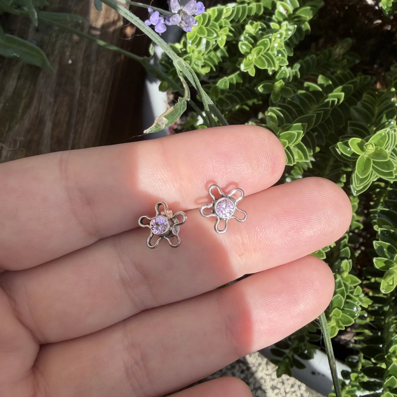 Lilac CZ Flower Stud Earrings Silver Daisy Open Wire Studs Purple Small Floral