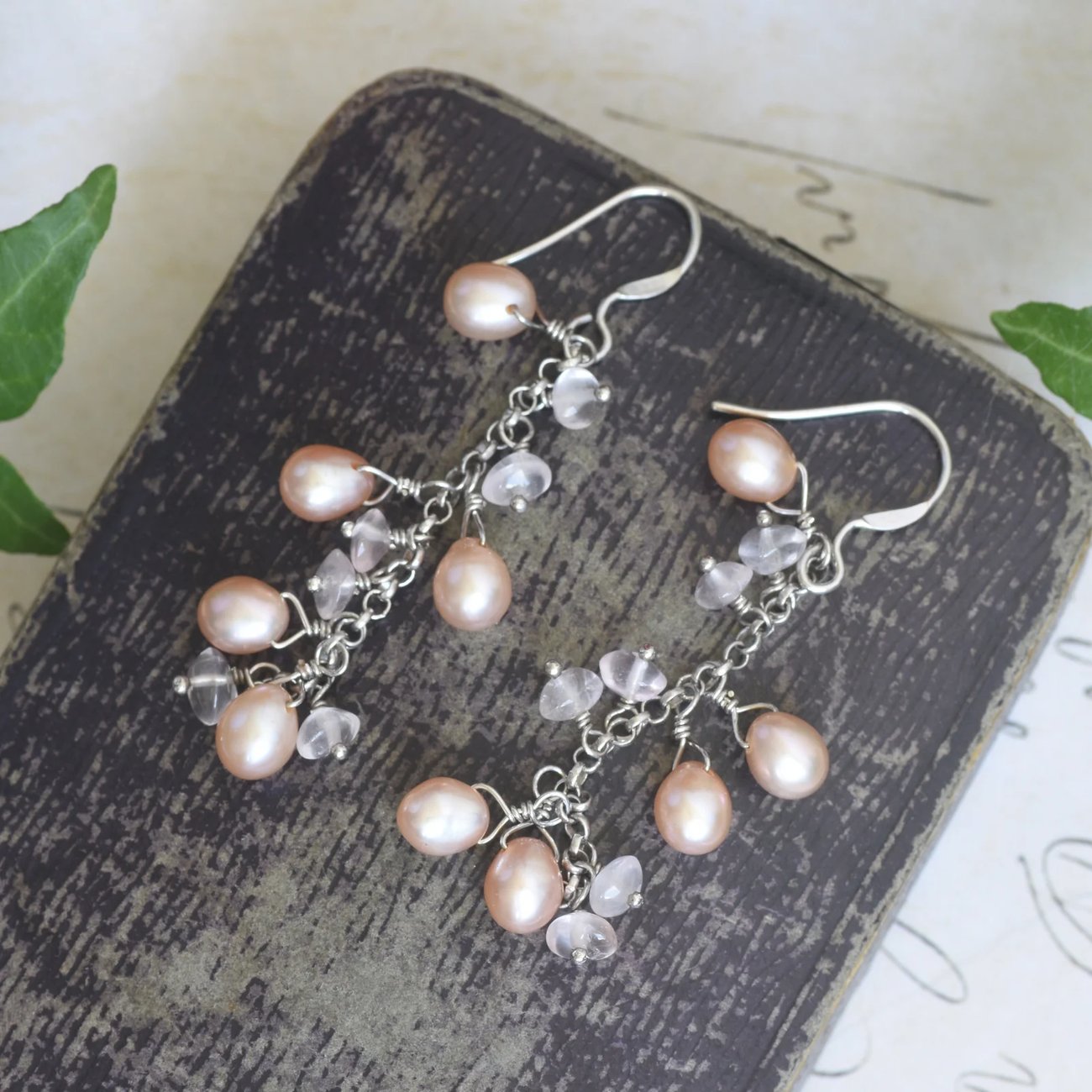 Pink Pearl Quartz Drop Earrings Sterling Silver Chandelier Cluster Bridal Boho