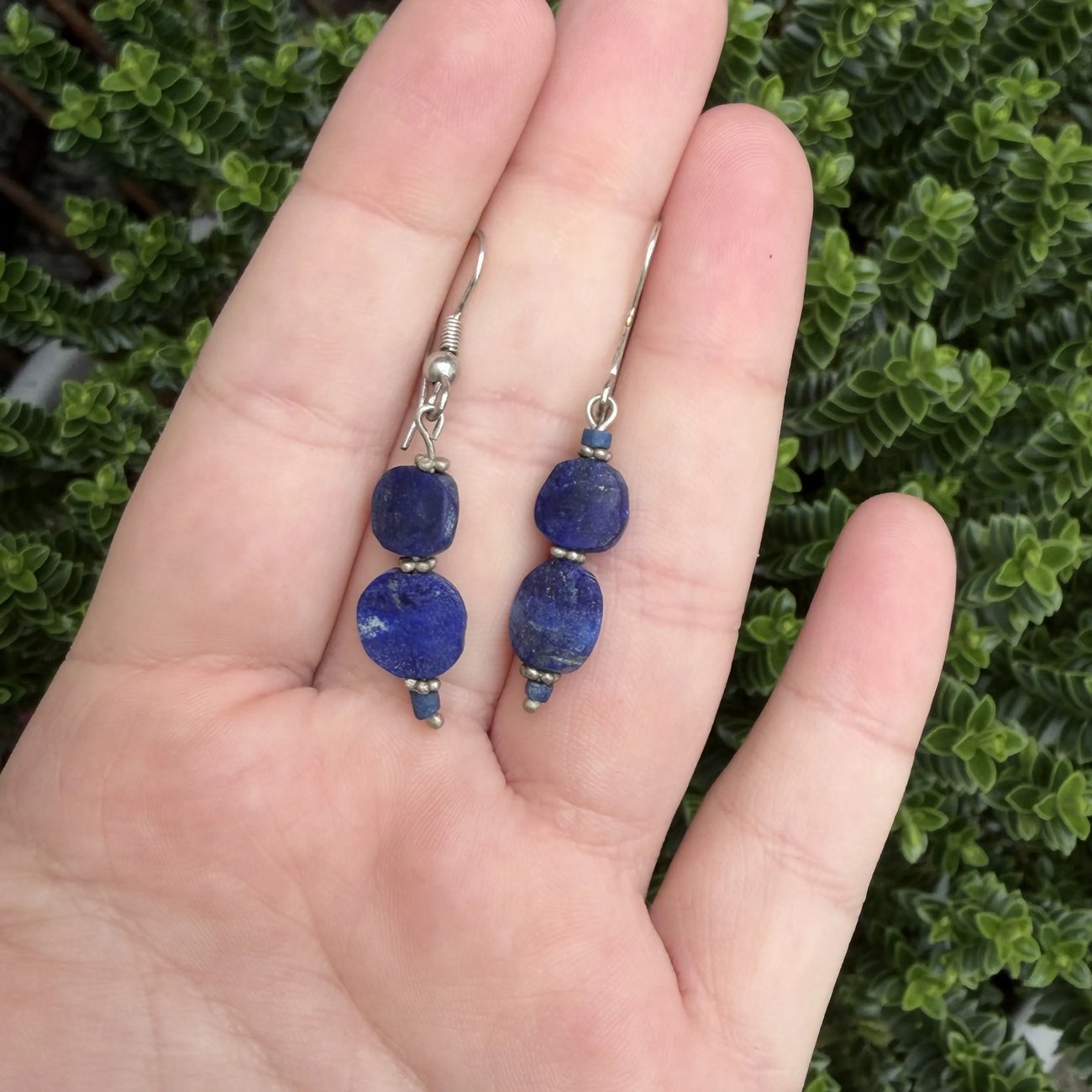 Lapis Lazuli Bead Drop Earrings Silver Beads Blue Disc Boho Dangle Small