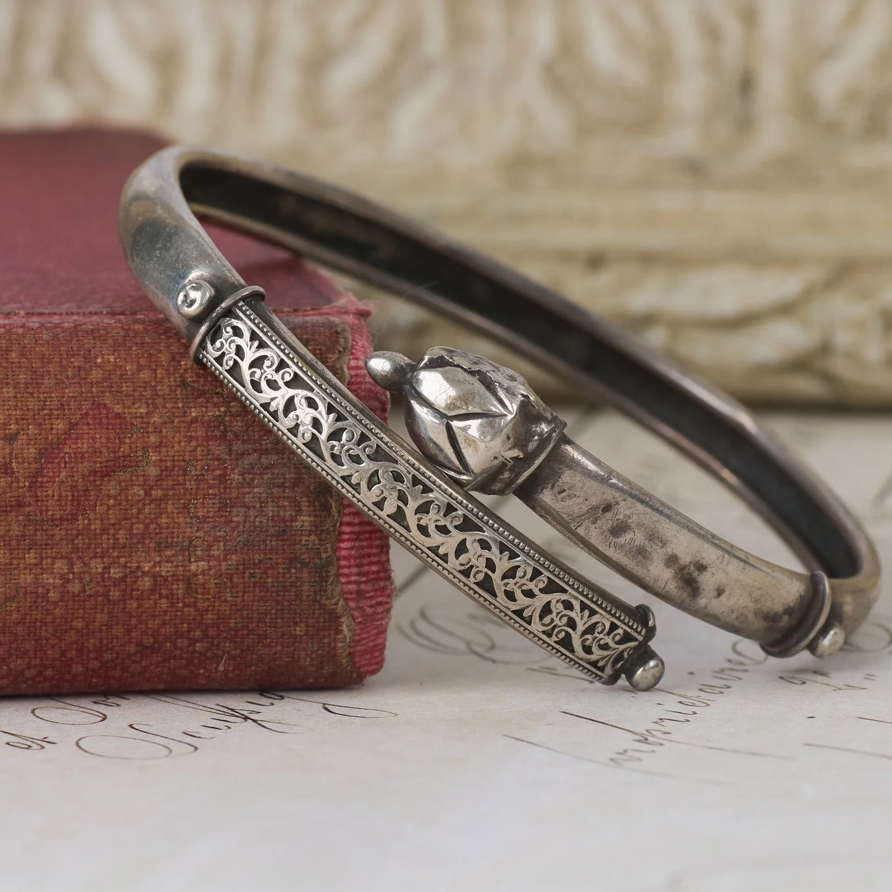 Antique Silver Bangle Bracelet Pierced Scrollwork Panel Open Domed Cuff
