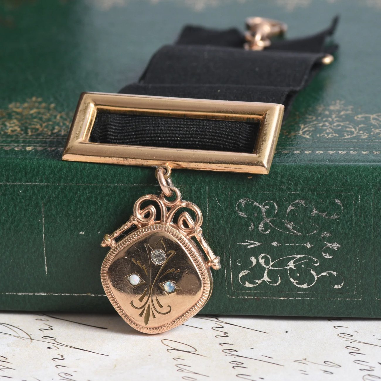 Antique Gold Filled Opal Fob Pendant Brooch Black Ribbon Mourning Dog Clasp JMF Co