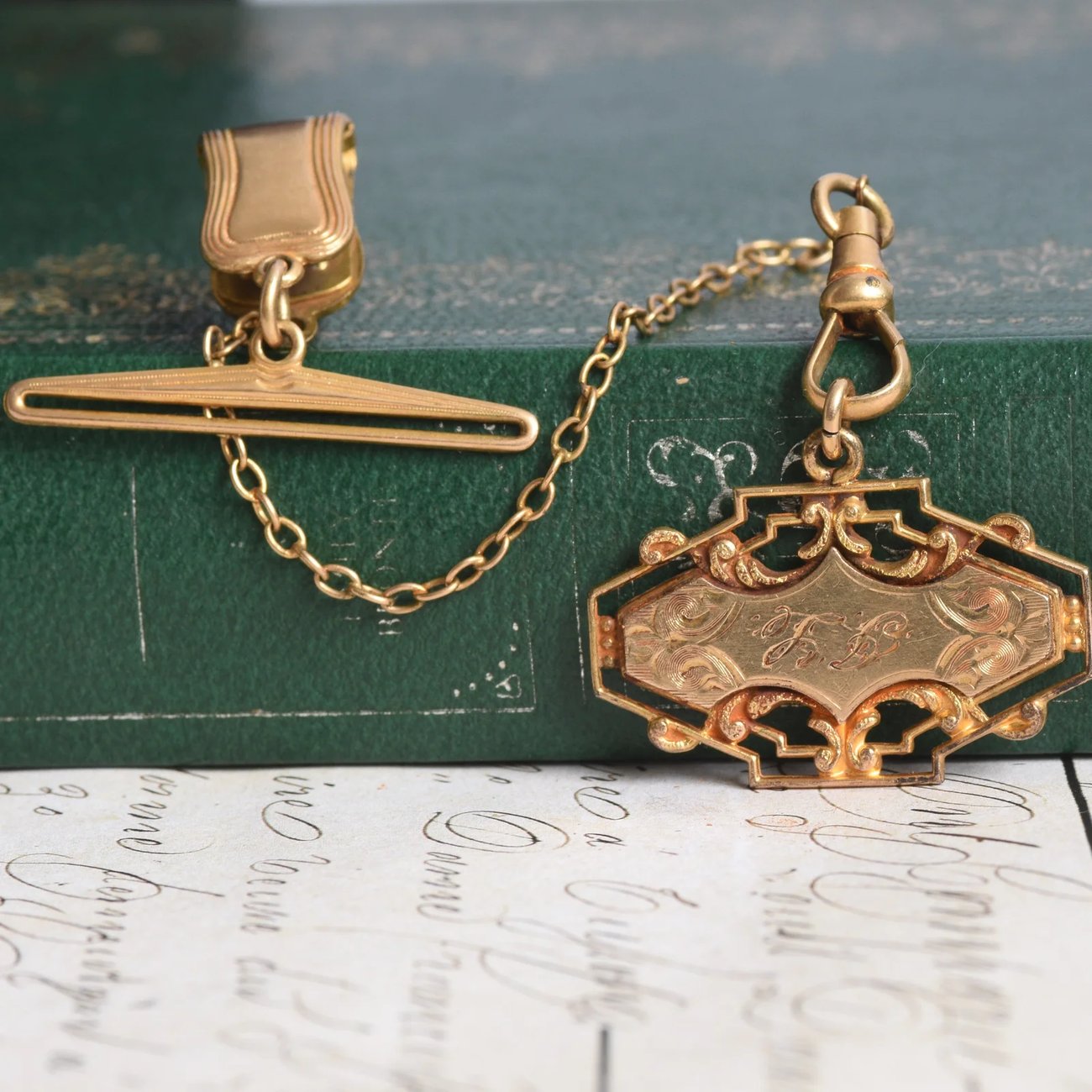 Antique Rolled Gold Watch Fob Chain Clip T Bar Dog Clip Engraved Monogram Medallion