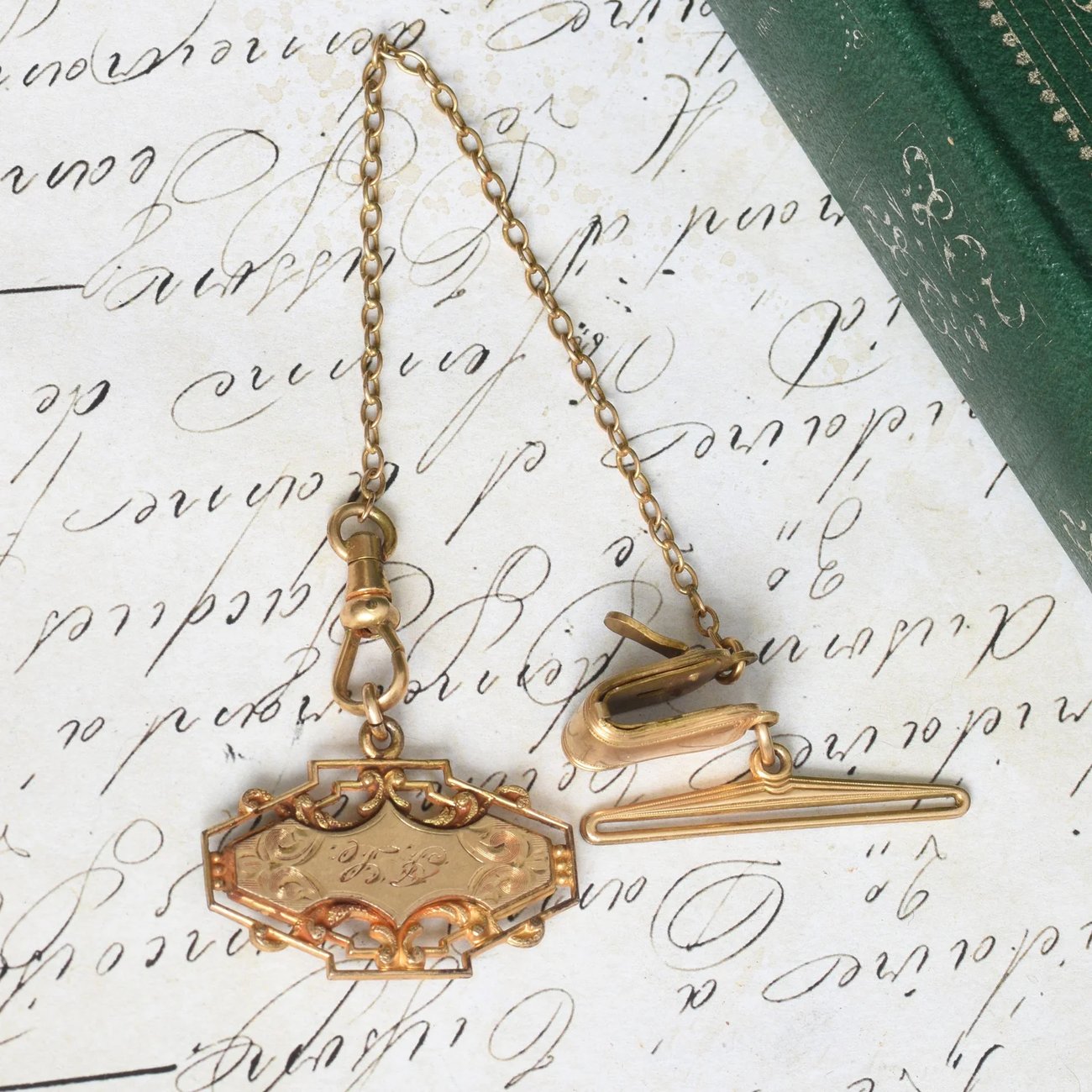 Antique Rolled Gold Watch Fob Chain Clip T Bar Dog Clip Engraved Monogram Medallion - 2