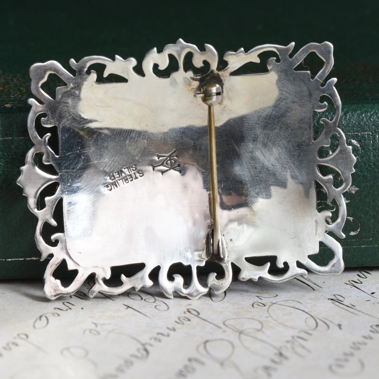 Sterling Silver Niello Brooch Goddess Black Nielloware Pierced Scroll Statement - 2