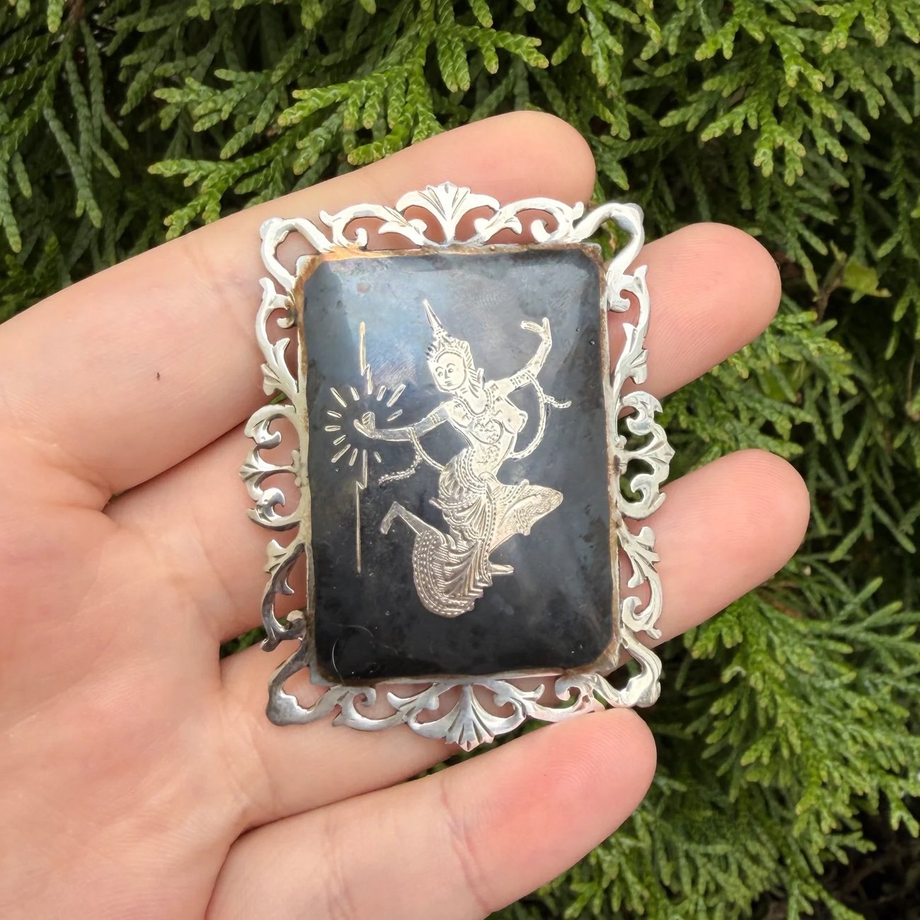 Sterling Silver Niello Brooch Goddess Black Nielloware Pierced Scroll Statement