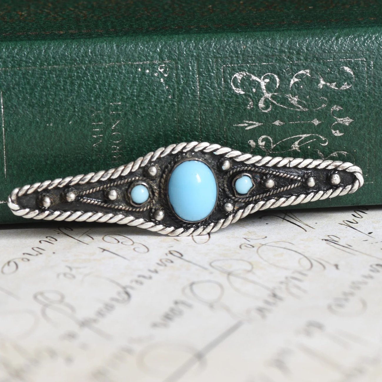 Silver Bar Brooch Blue Synthetic Turquoise Cabochon Rope Twist Boho Southwestern Vintage