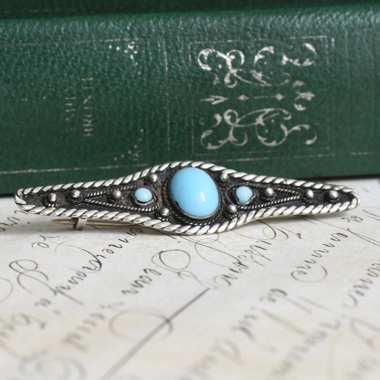 Silver Bar Brooch Blue Synthetic Turquoise Cabochon Rope Twist Boho Southwestern Vintage - 2