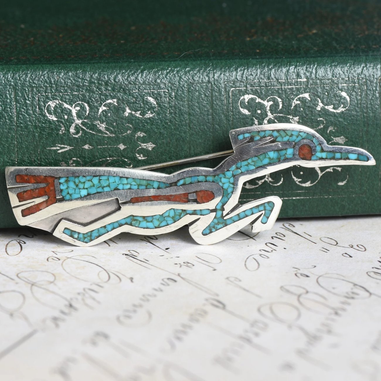 Tommy Singer Navajo Sterling Silver Roadrunner Brooch Turquoise Coral Chip Inlay Signed - 2