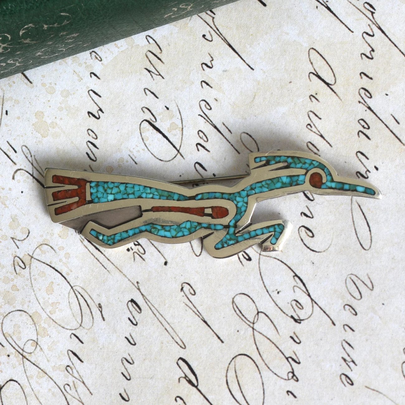 Tommy Singer Navajo Sterling Silver Roadrunner Brooch Turquoise Coral Chip Inlay Signed