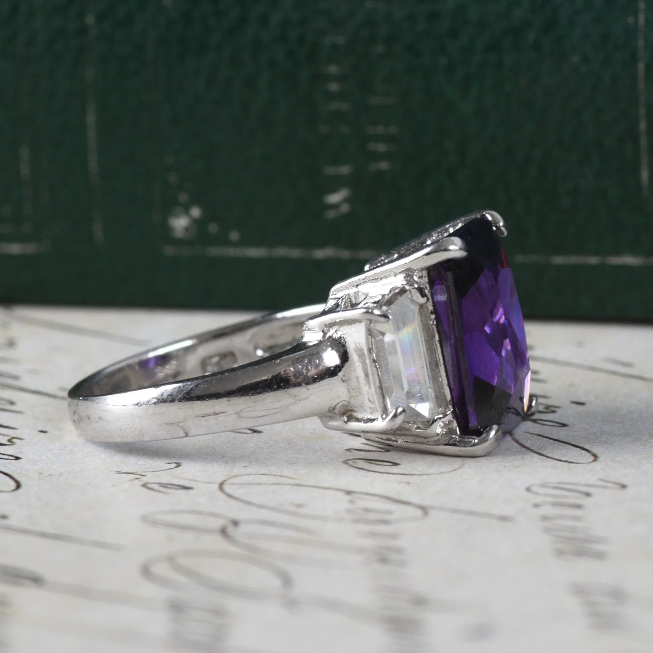 Sterling Silver Purple Stone Cocktail Ring Emerald Cut Baguette Statement 925 - 2