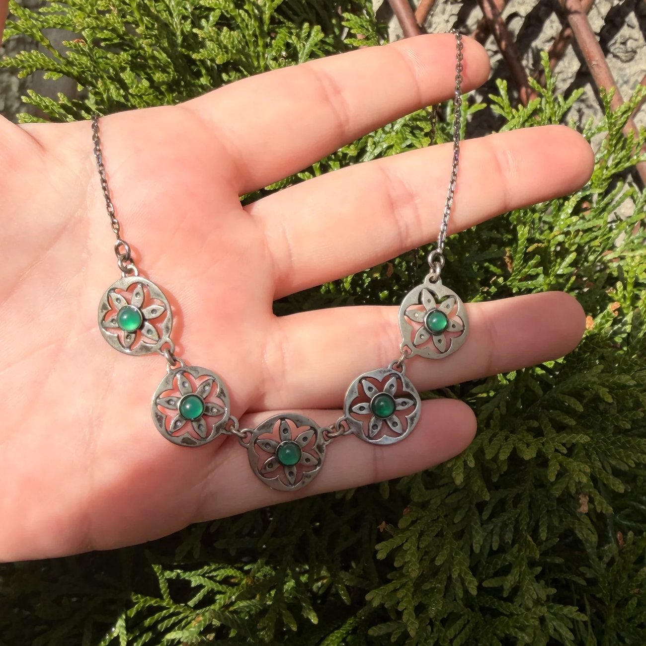 Vintage Sterling Silver Necklace Green Paste Cabochon Flower Panel Link Pierced Floral - 2