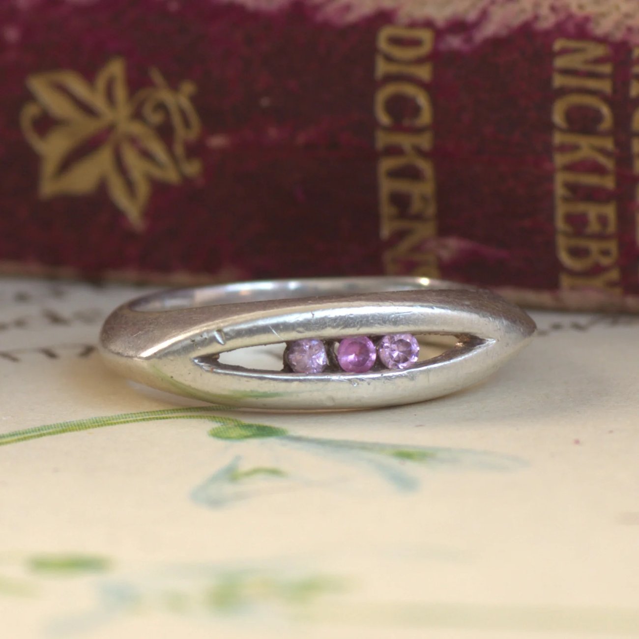Vintage Sterling Silver Pink Channel Three Stone Ring