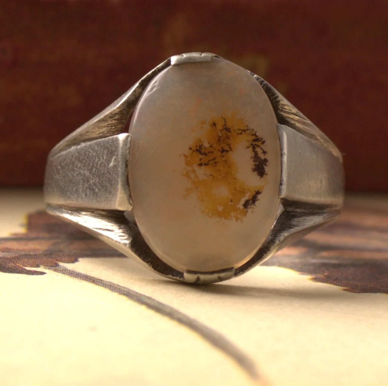 Vintage Silver Dendritic Signet Oval Ring