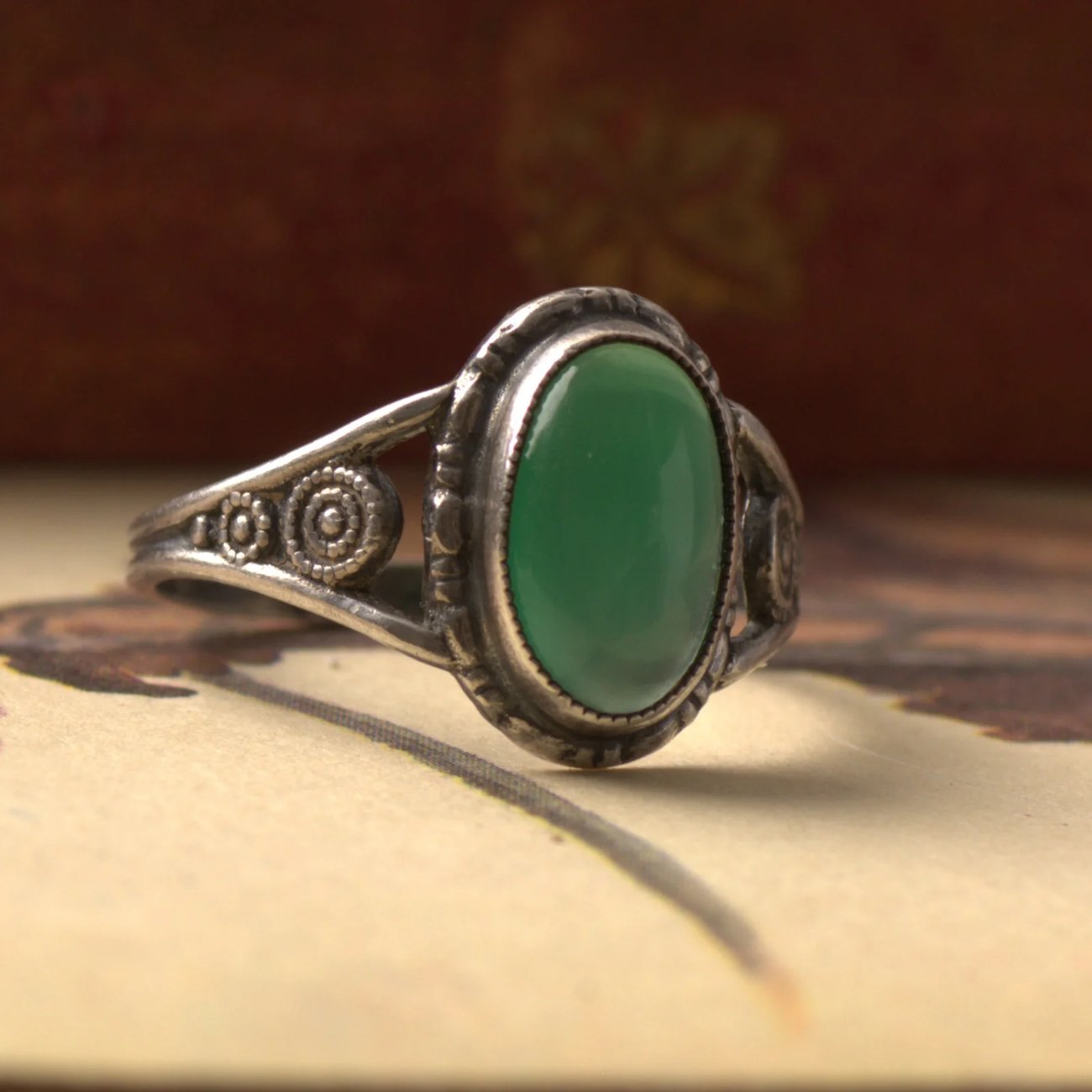Vintage Silver Swirl Green Onyx Ring Witchy Boho