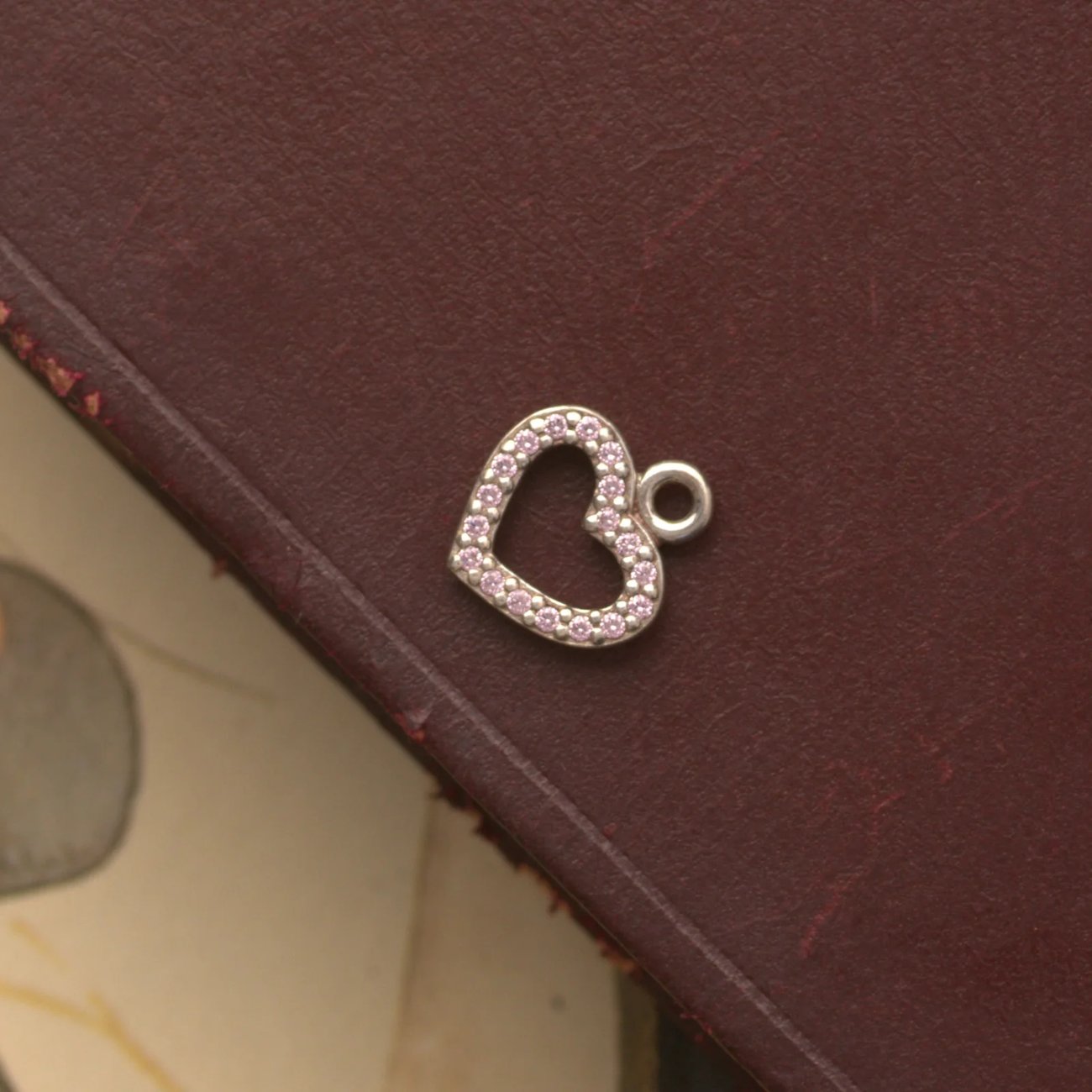 Silver Heart Pendant Charm CZ Pink Open