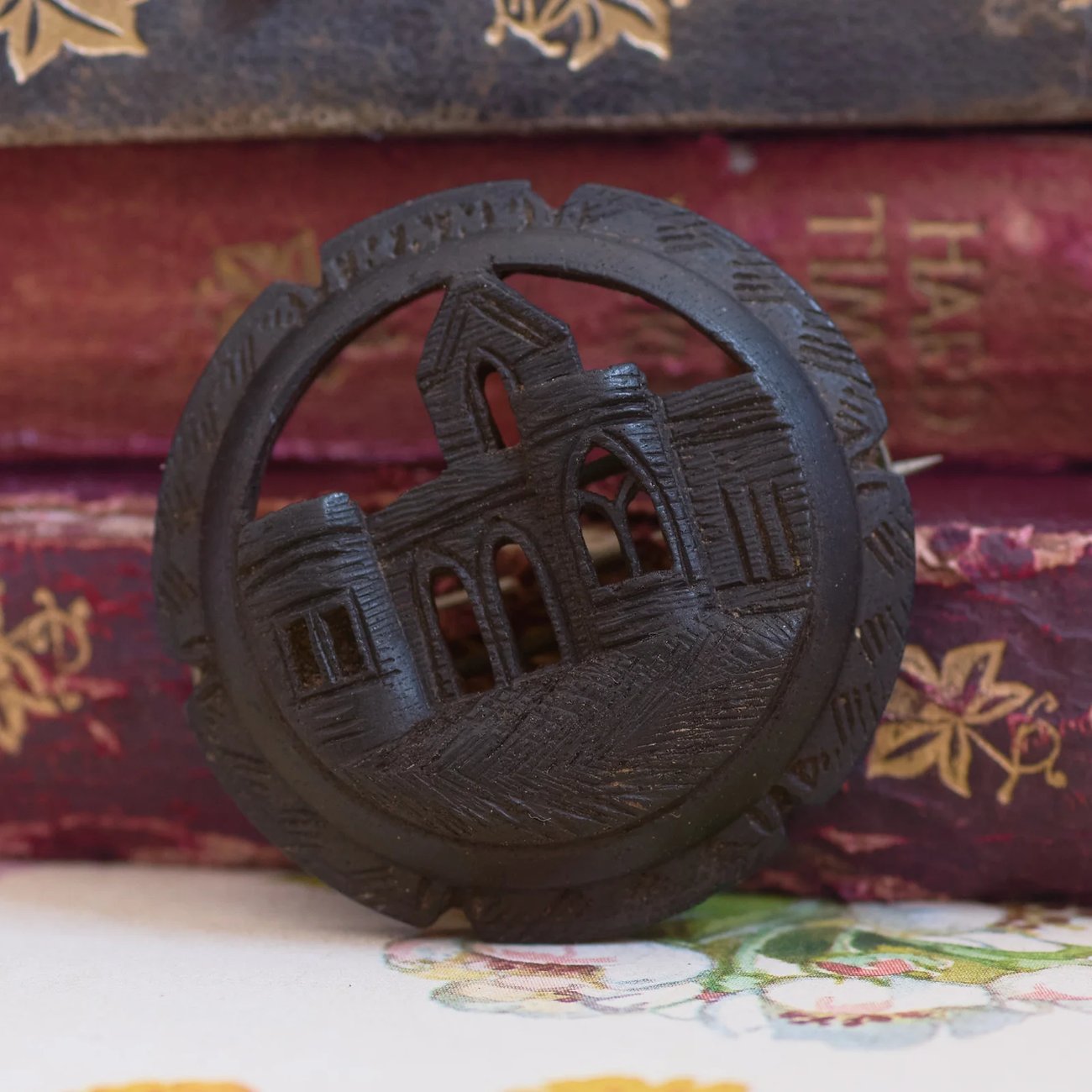 Victorian Irish Bog Oak Round Brooch Abbey Cathedral Hand Carved Antique