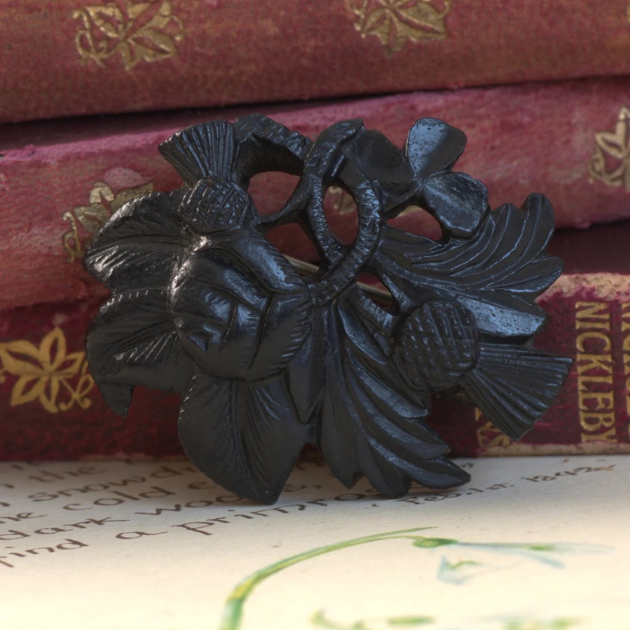 Antique Victorian Irish Bog Oak Brooch Thistle Rose Shamrock