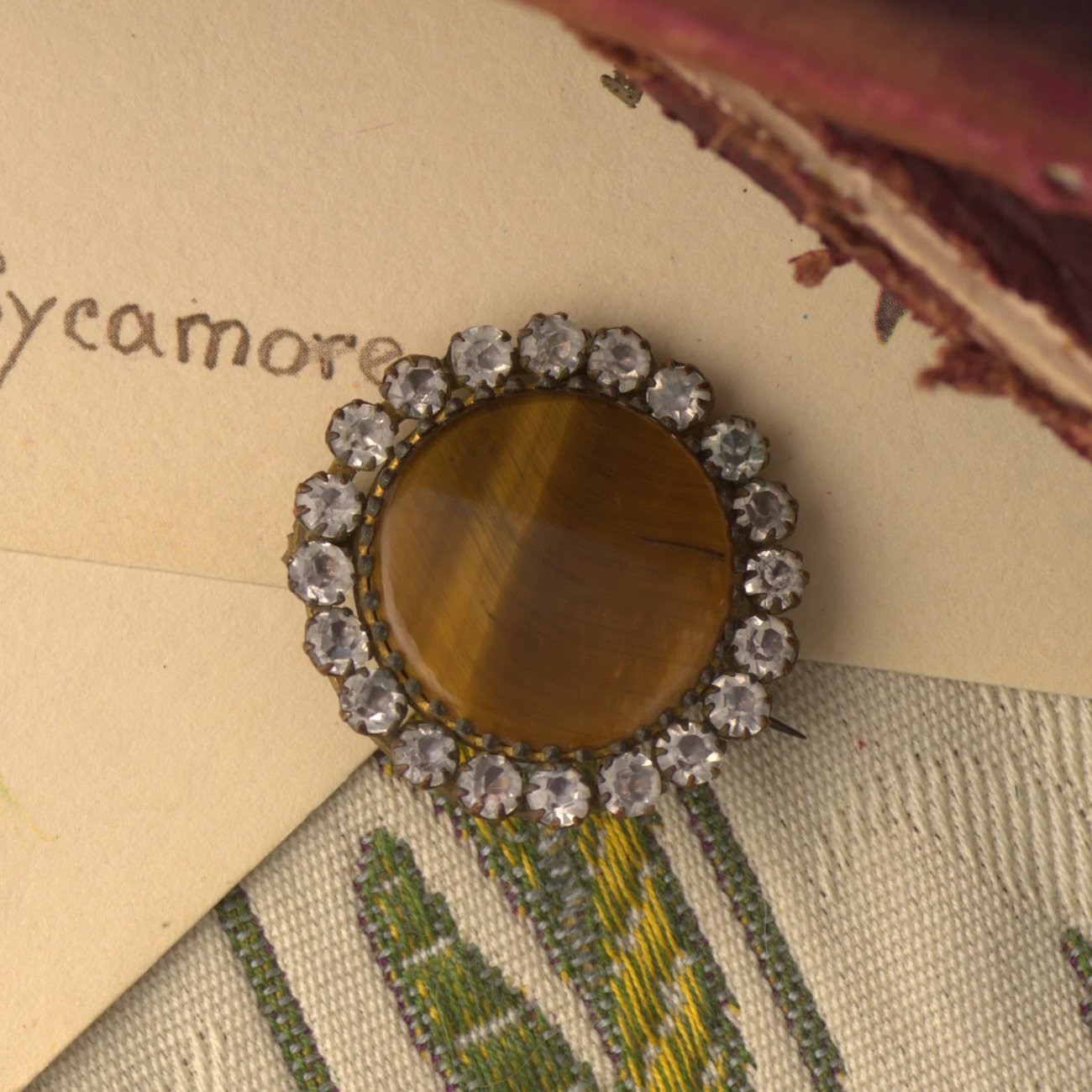 Antique Paste Tigers Eye Brooch Round Pin