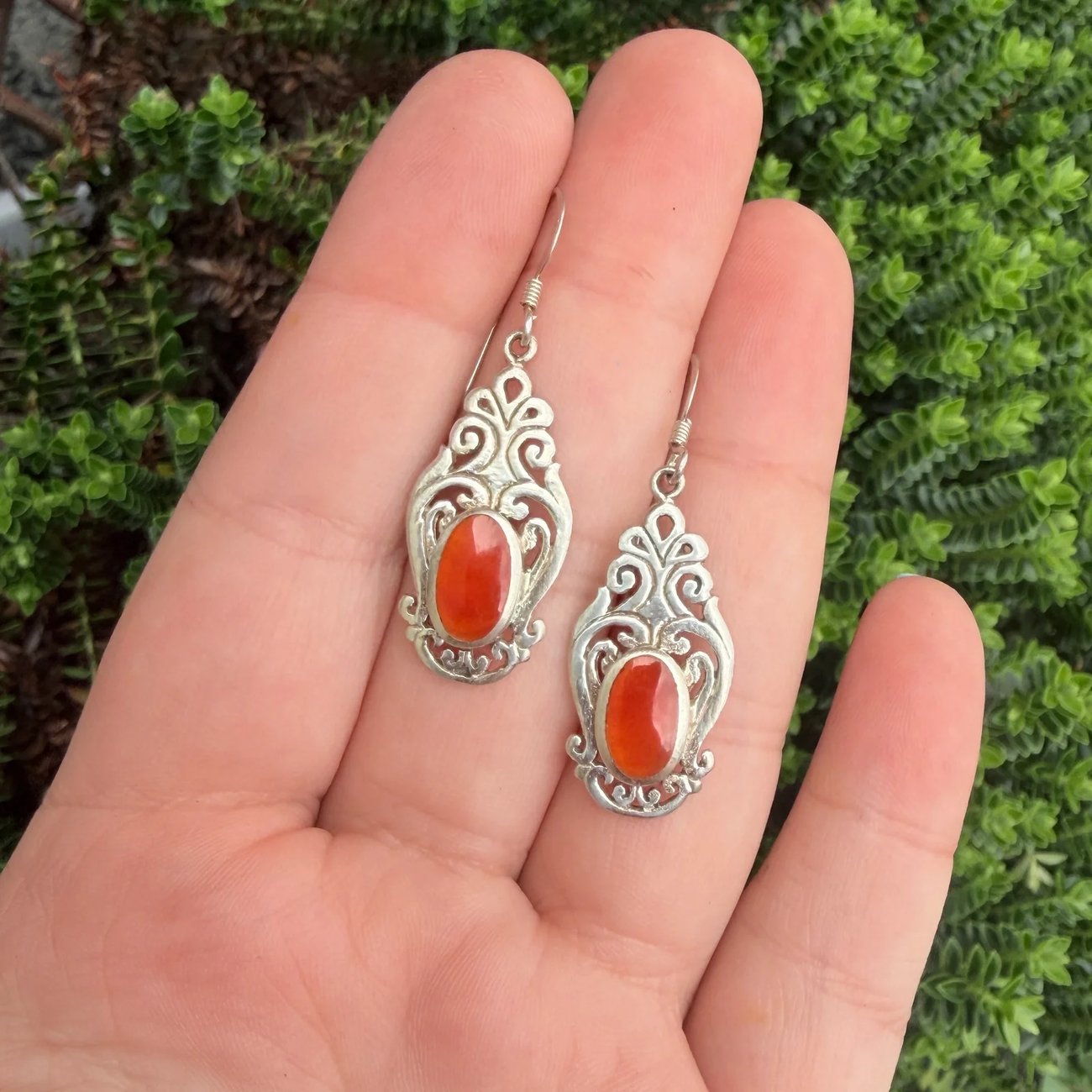 Sterling Silver Scroll Red Onyx Drop Earrings Dangle Floral 925