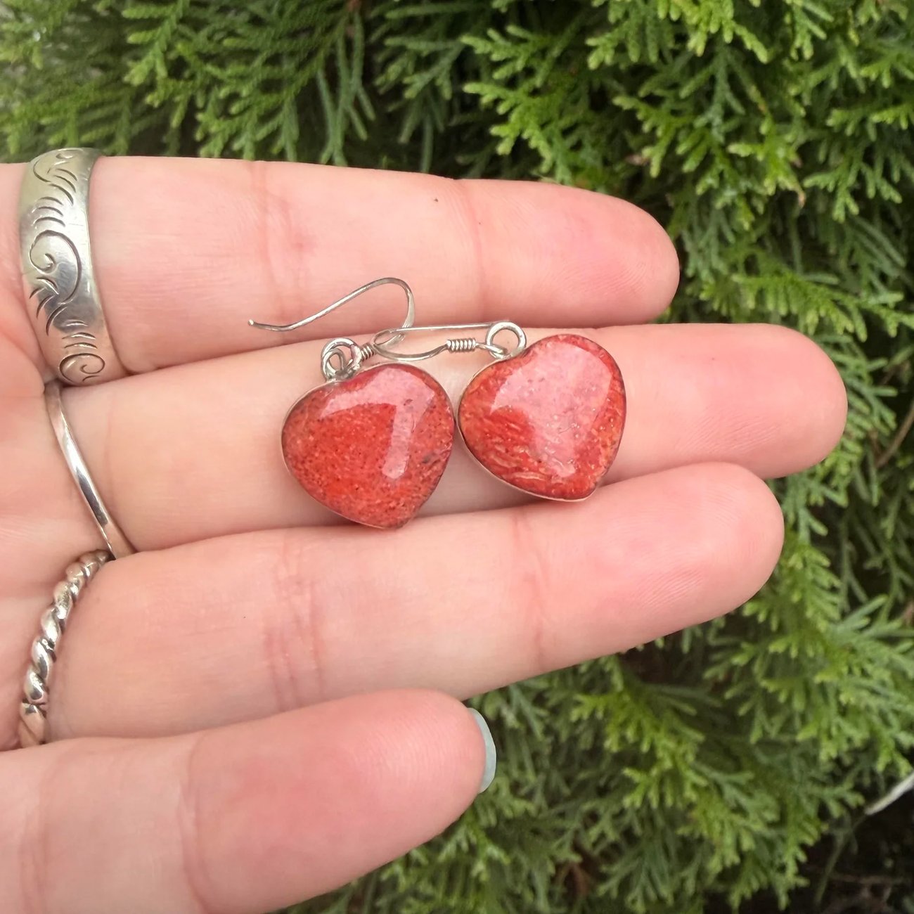 Sterling Silver Faux Coral Heart Chunky Red Stone Earrings 925 - 2