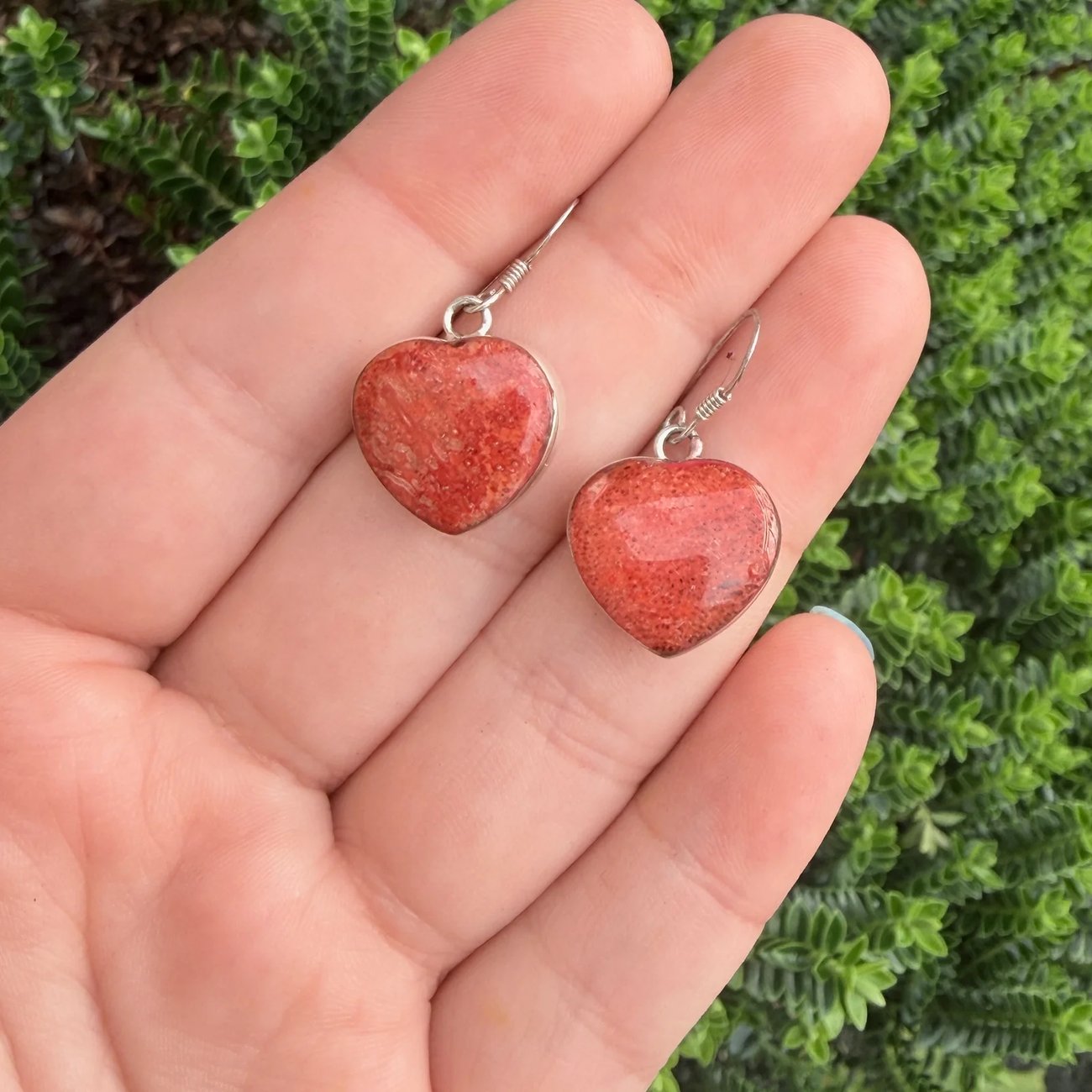 Sterling Silver Faux Coral Heart Chunky Red Stone Earrings 925