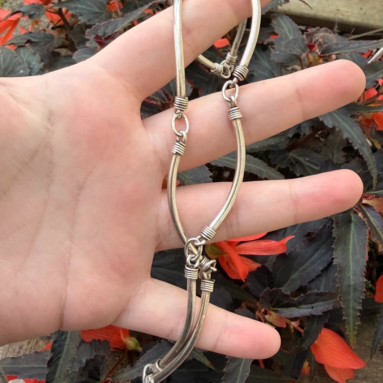 Vintage Sterling Silver Long Link Necklace Modernist Choker - 2
