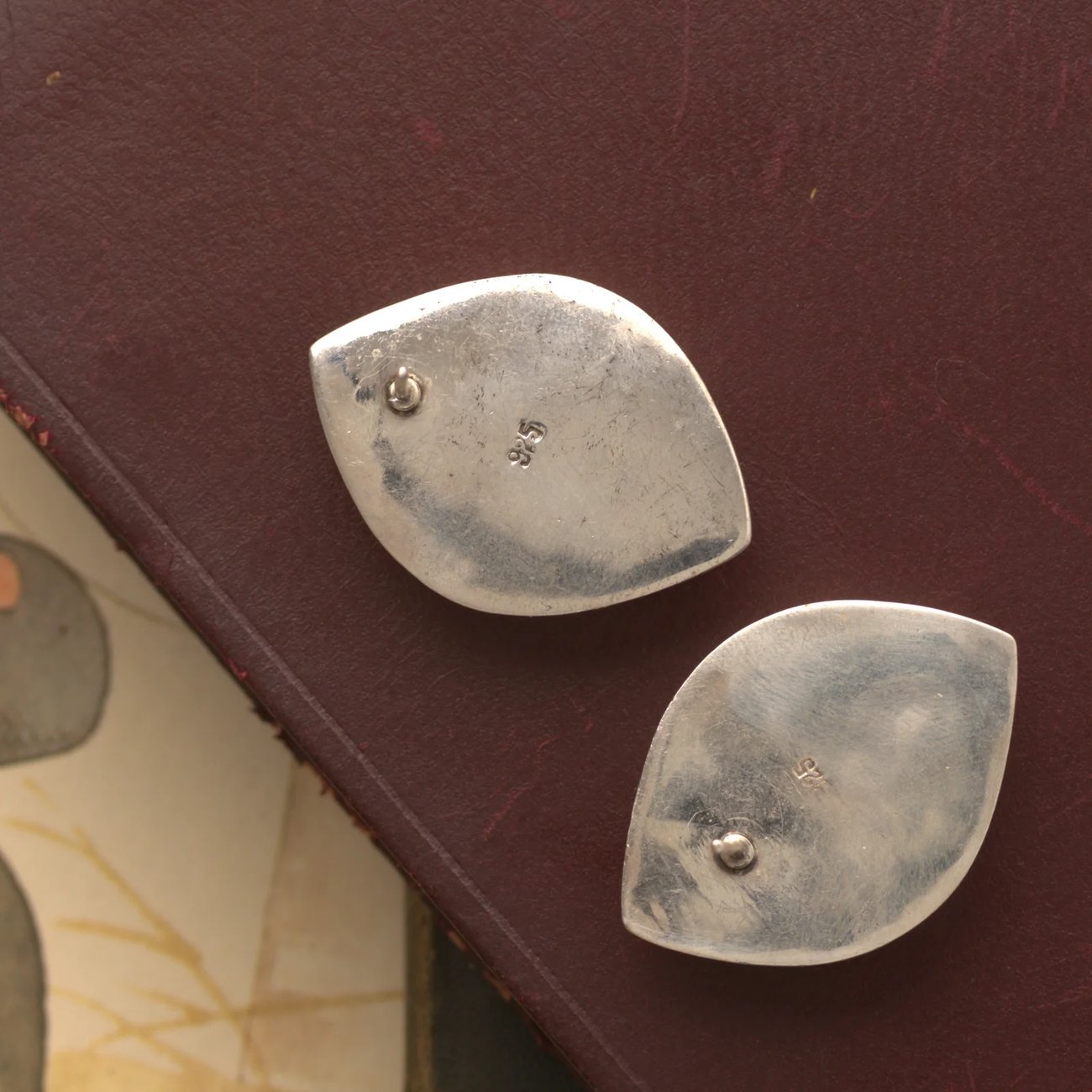 Vintage Sterling Silver Large Heavy Stud Earrings Petal Modernist - 2