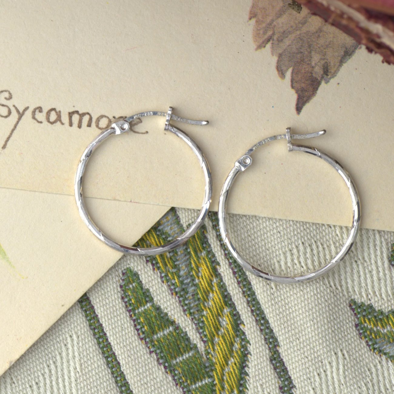 Vintage Sterling Silver Hoop Earrings Taxco Mexico Etched Diamond Cut - 2