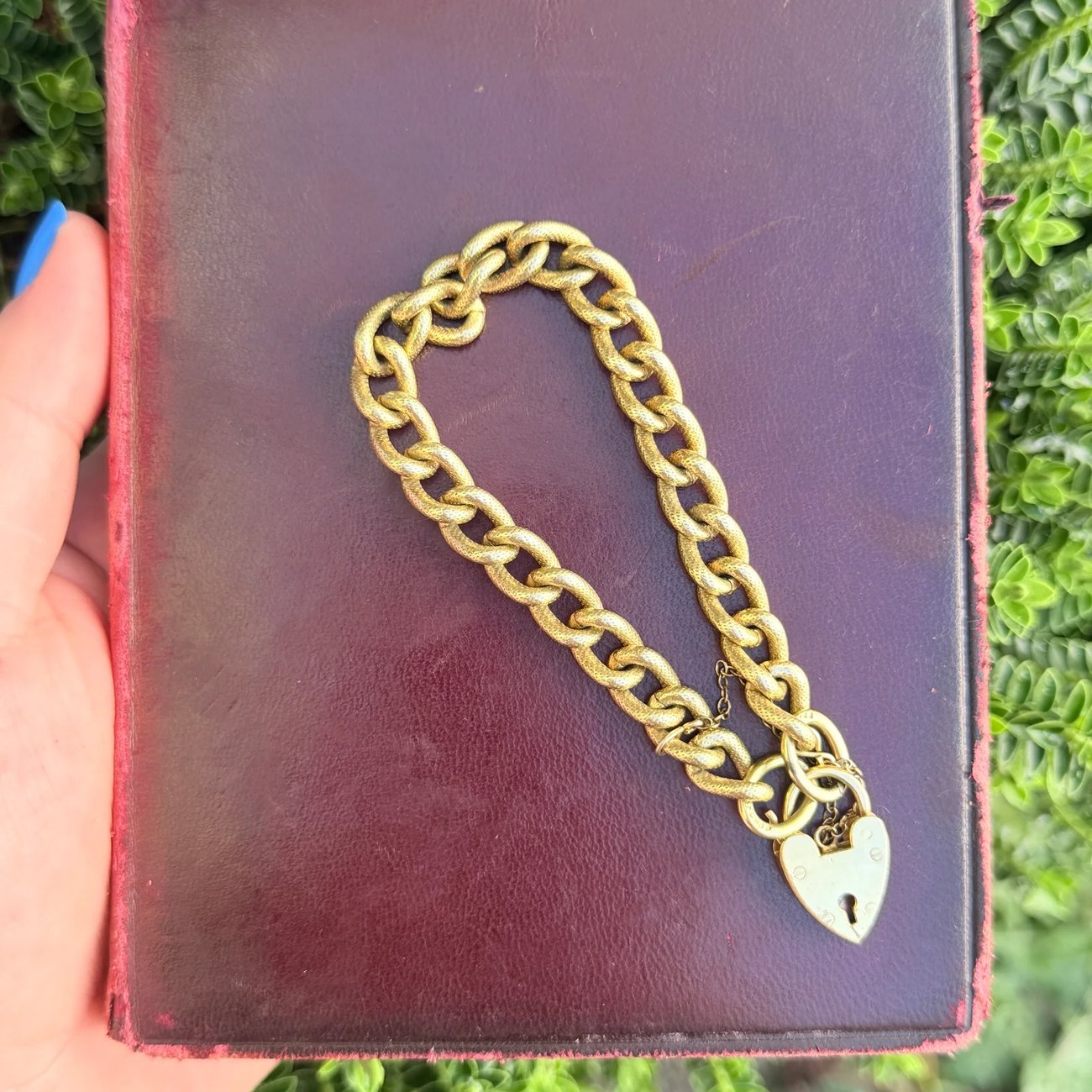 Vintage Heart Padlock Bracelet Heavy Gold Plate Charm Etched Link