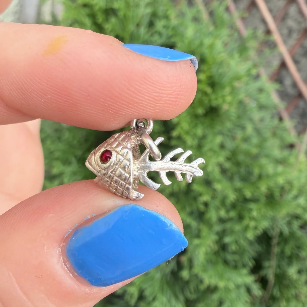 Vintage Silver Fish Bone Charm Pendant Red Eyes