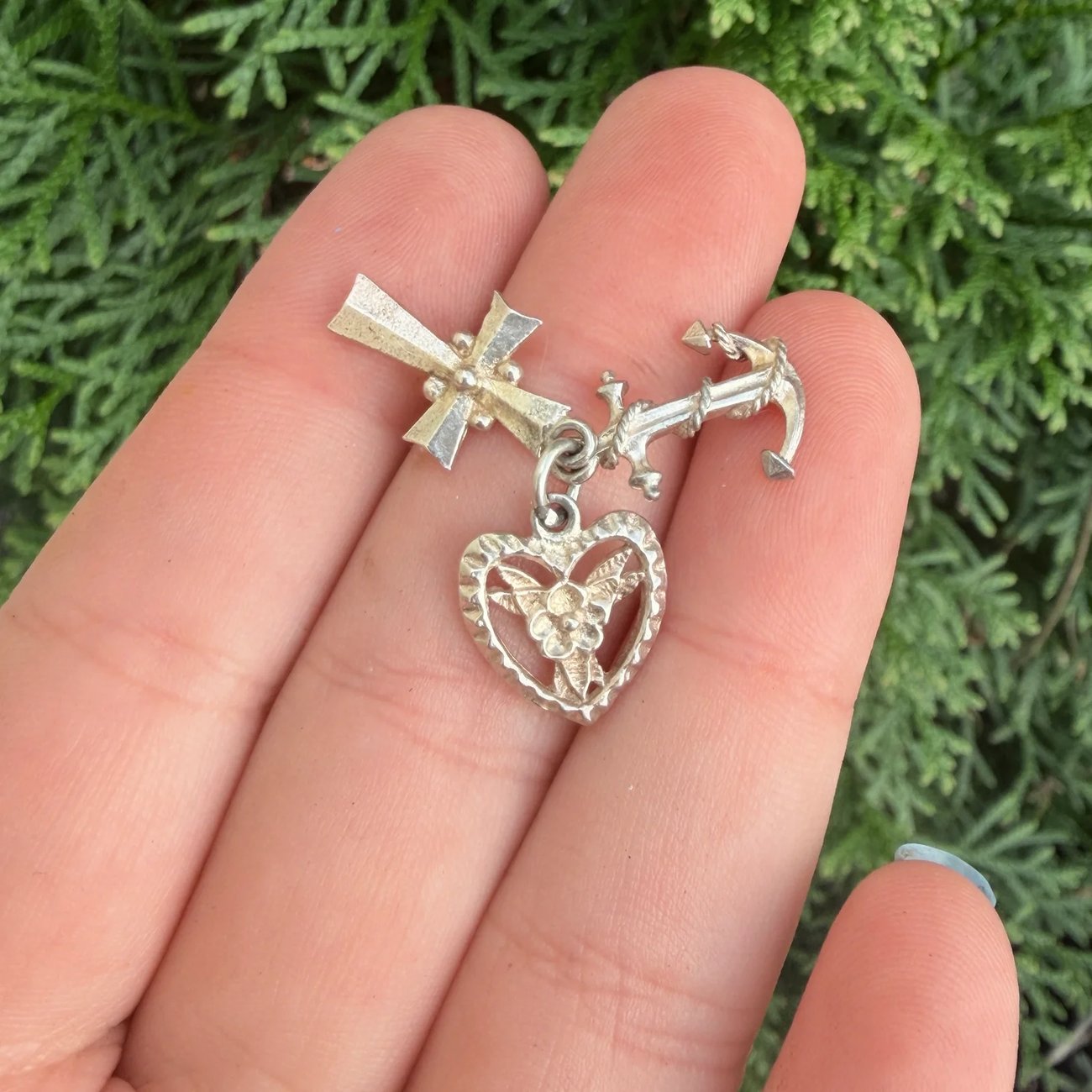 Vintage Silver Faith Charity Hope Charm Pendant Heart Cross Anchor