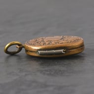 Antique Victorian Gilt Brass Locket Engraved Scrollwork Photo Pendant Oval - 7