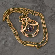 Antique Edwardian Gold Tone Amethyst Pearl Lavalier Pendant Necklace Bow - 3