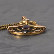 Antique Edwardian Gold Tone Amethyst Pearl Lavalier Pendant Necklace Bow - 5