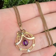 Antique Edwardian Gold Tone Amethyst Pearl Lavalier Pendant Necklace Bow - 2