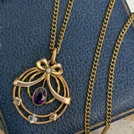 Antique Edwardian Gold Tone Amethyst Pearl Lavalier Pendant Necklace Bow
