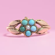 Antique Victorian 9ct Gold Turquoise Pearl Forget Me Not Ring 1877 Hallmarked
